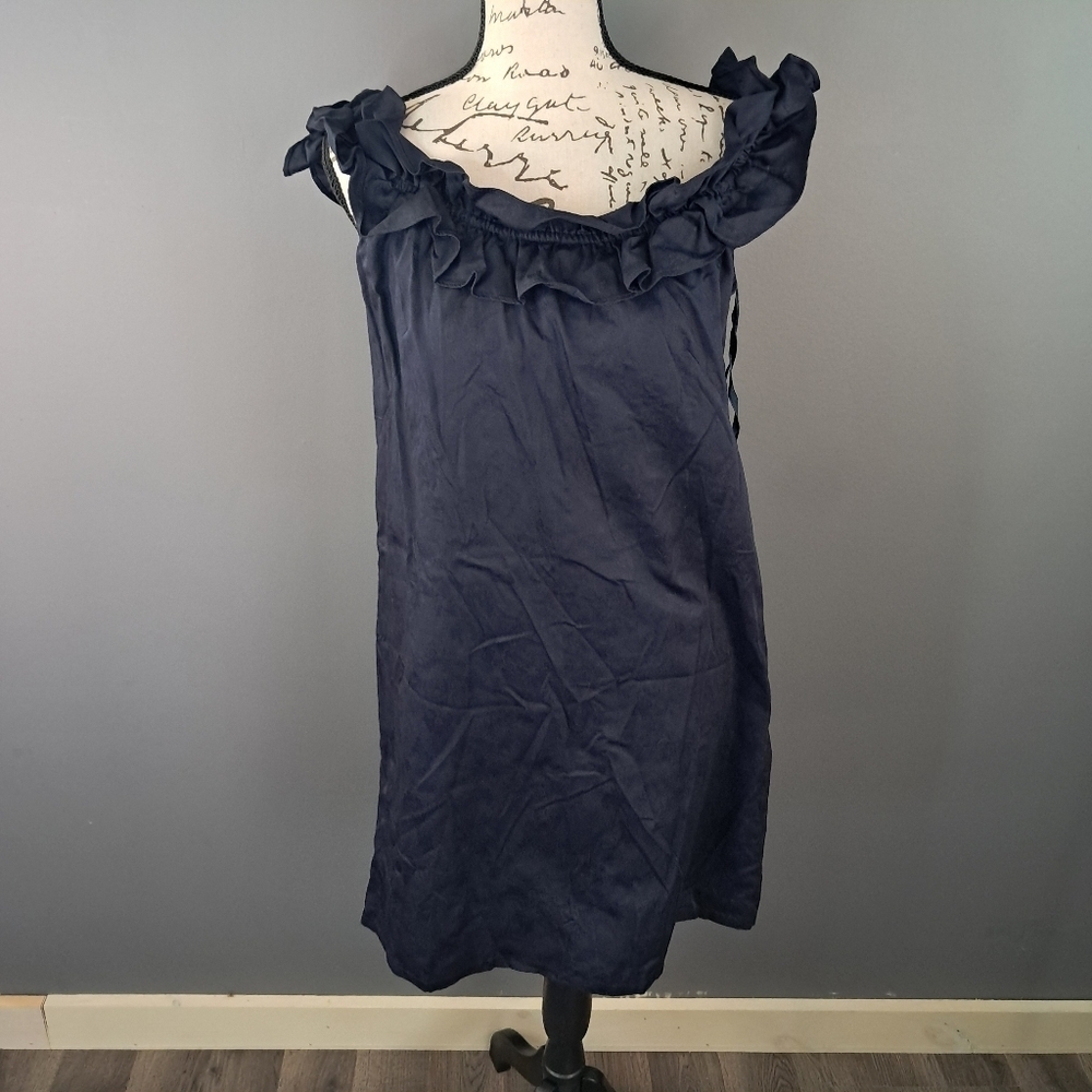 LOFT Navy Blue Ruffle Top Dress Size 4 100% Cotton